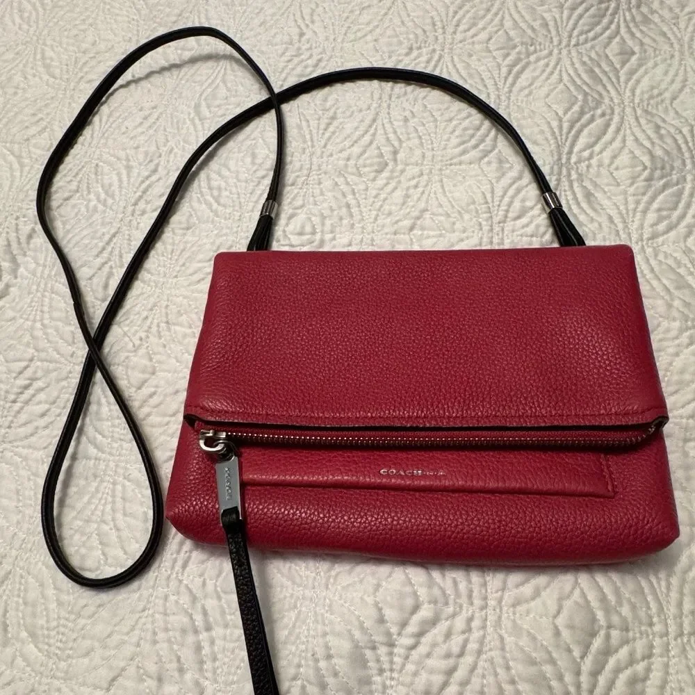 Coach Urbane Fuchsia Pink Black Fold Over Crossbody Bag Silver Hardware